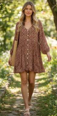 Meritt Rust Boho Ditsy Floral Mini Babydoll Dress Tunic Pockets Fall Size Small